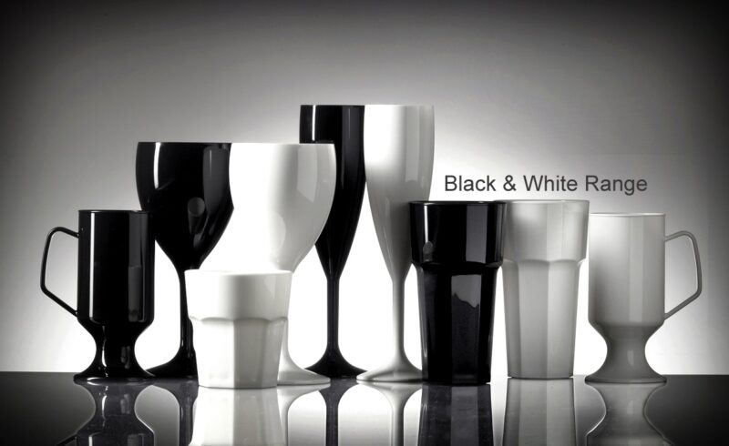 Black and white plastic glassware