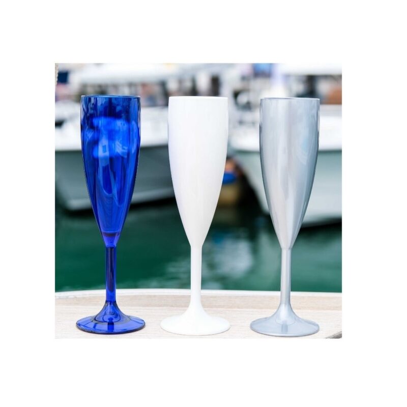 Blue and silver and white plastic glasses